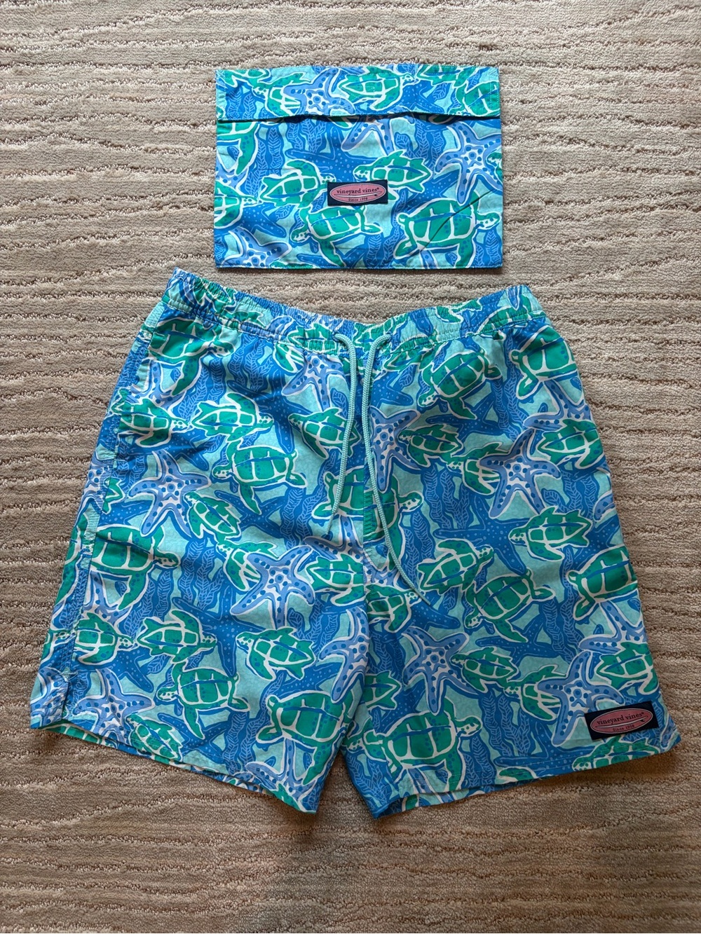 Vineyard Vines Boys Blue & Green Turtle Swim Trunks With Matching Swimsuit Pouch